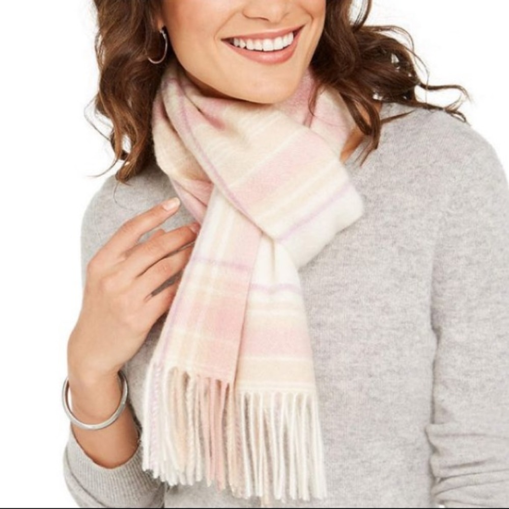 Charter Club Plaid 100% Cashmere Scarf Ivory Pink